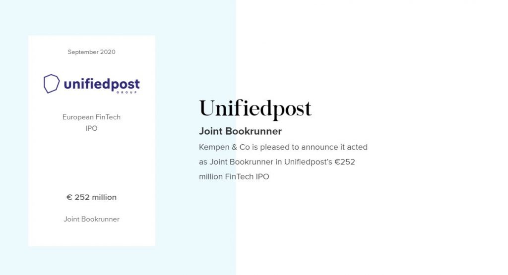 Kempen & Co is pleased to announce it acted as Joint Bookrunner in Unifiedpost’s €252 million FinTech IPO